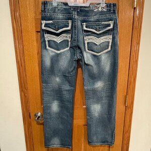 MONARCHY Mens 40 x 32 Straight Straight Flap Pocket Embroidered Denim Blue Jeans